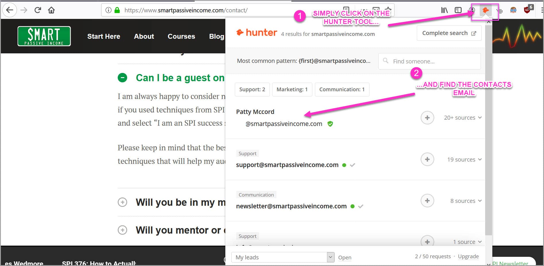Find the podcast hosts email so that you can pitch them on being a guest